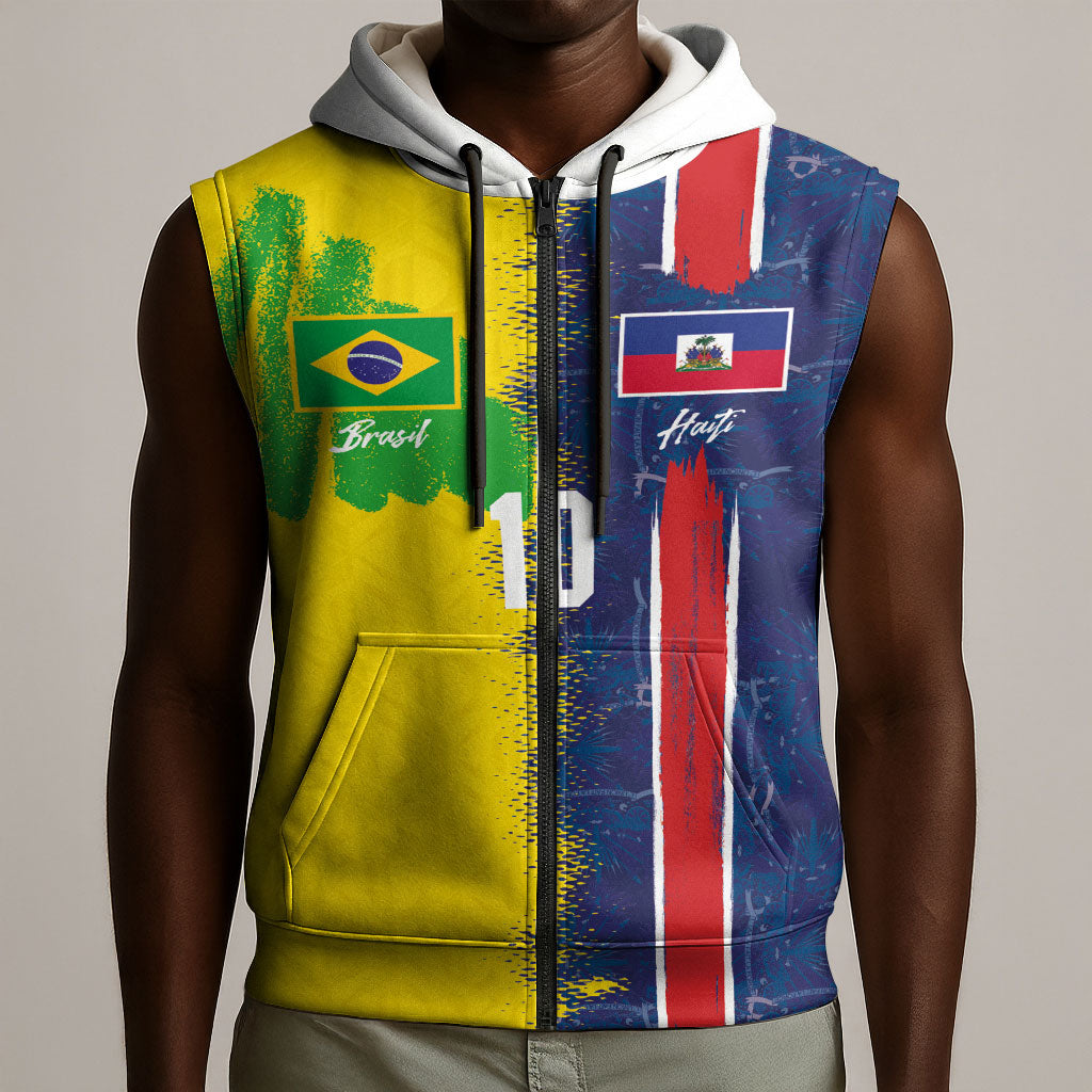 Haiti and Brazil Football Custom Sleeveless Zip Hoodie Splash Half Split