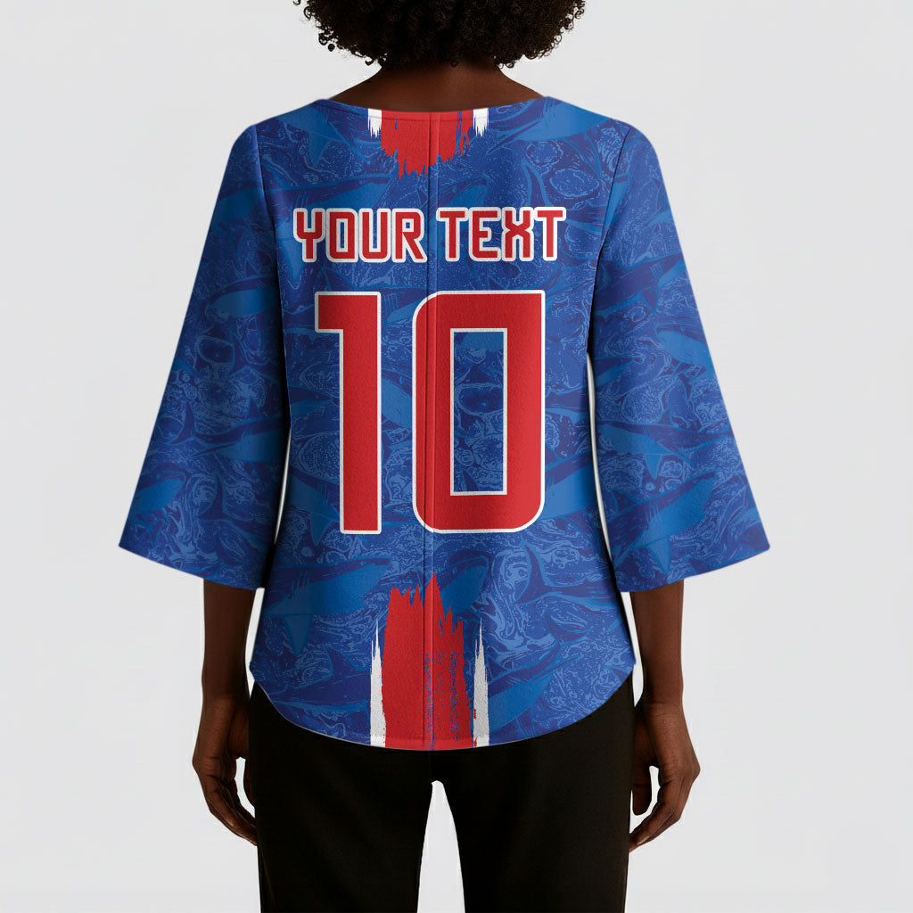 Cabo Verde Custom Kimono Sleeve Blouse Paint Brush Stroke Shark Pattern Map Design