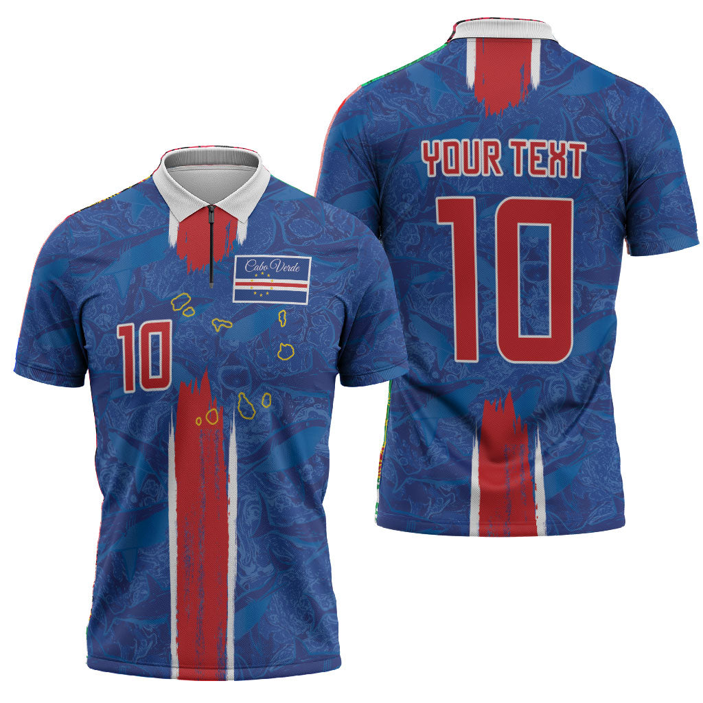 Cabo Verde Custom Zipper Polo Shirt Paint Brush Stroke Shark Pattern Map Design