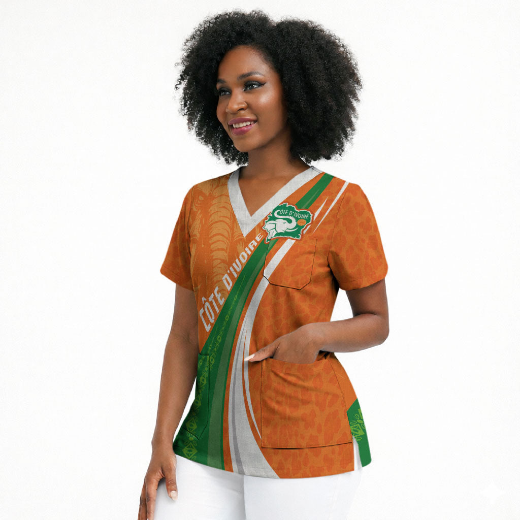 Cote D'Ivoire Football Custom Scrub Top Abstract Wave Pattern Tribal Sporty Style