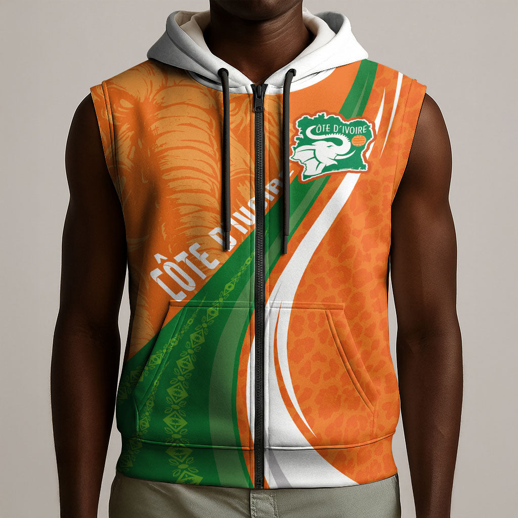 Cote D'Ivoire Football Custom Sleeveless Zip Hoodie Abstract Wave Pattern Tribal Sporty Style