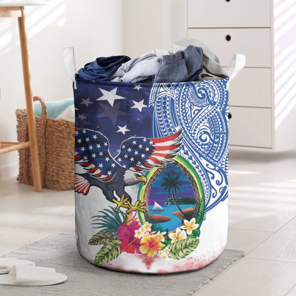 Guam and United States Together Laundry Basket Bald Eagle and Guam Seal with Flower and Tribal Tattoos - Wonder Print Shop