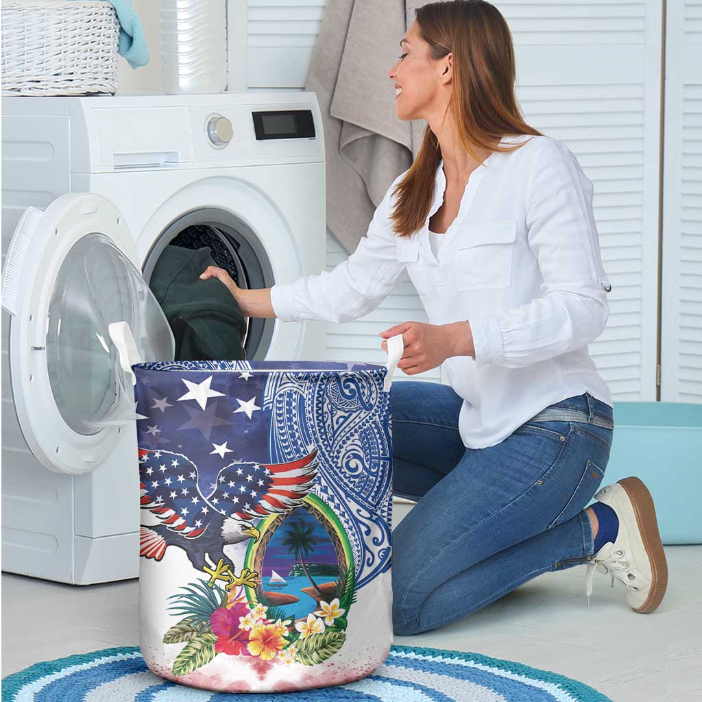 Guam and United States Together Laundry Basket Bald Eagle and Guam Seal with Flower and Tribal Tattoos - Wonder Print Shop
