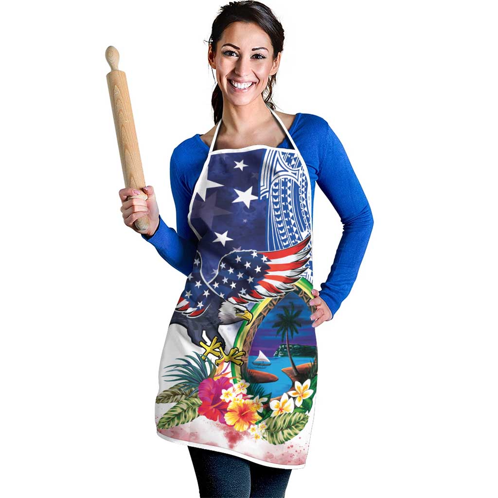 Guam and United States Together Apron Bald Eagle and Guam Seal with Flower and Tribal Tattoos - Wonder Print Shop