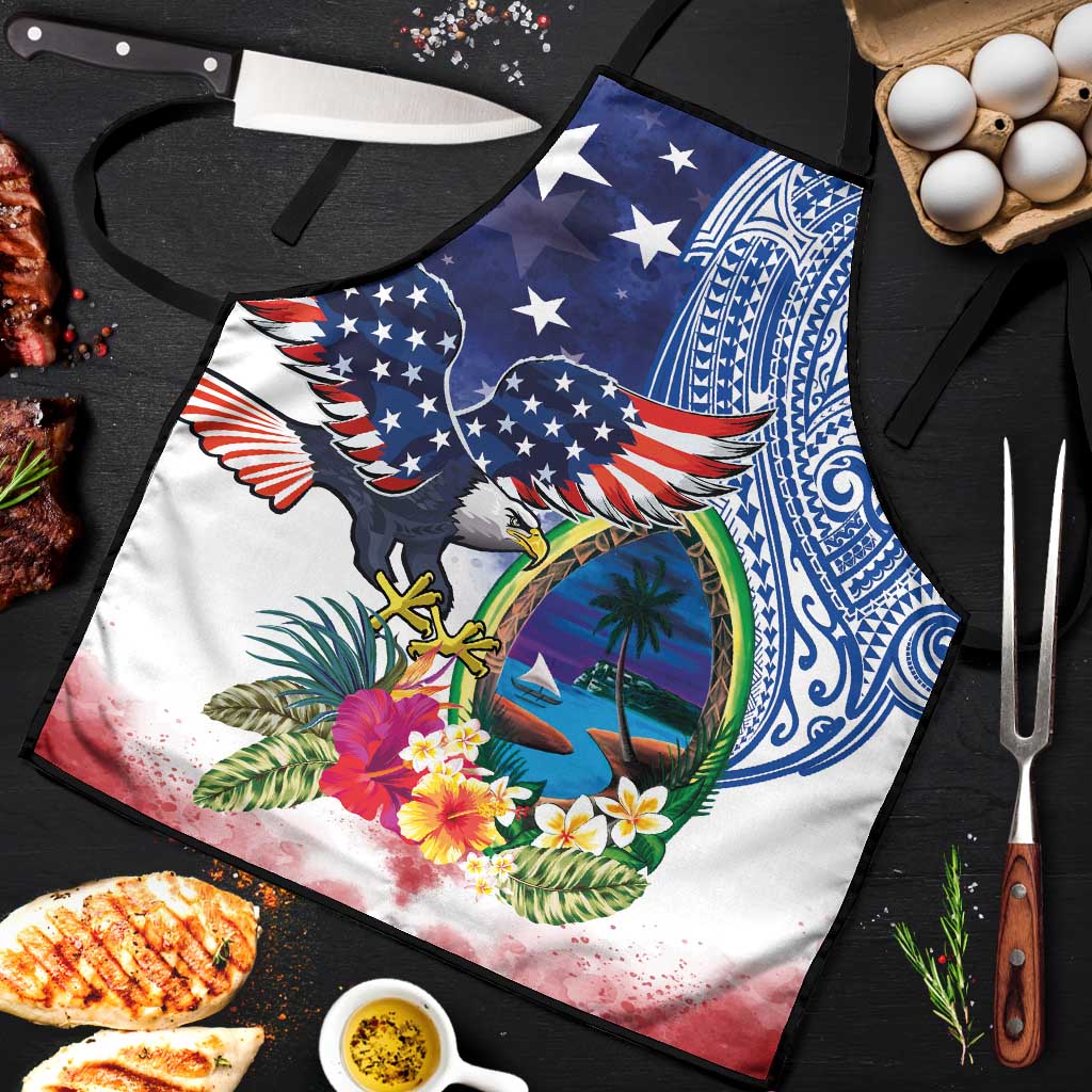 Guam and United States Together Apron Bald Eagle and Guam Seal with Flower and Tribal Tattoos - Wonder Print Shop