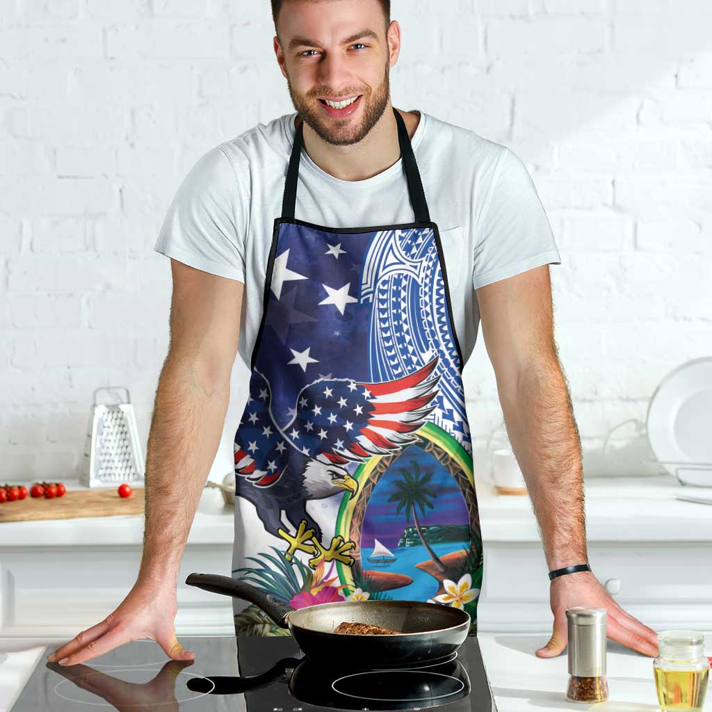 Guam and United States Together Apron Bald Eagle and Guam Seal with Flower and Tribal Tattoos - Wonder Print Shop