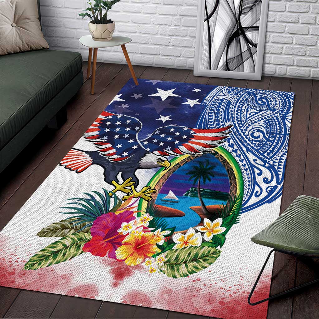 Guam and United States Together Area Rug Bald Eagle and Guam Seal with Flower and Tribal Tattoos - Wonder Print Shop