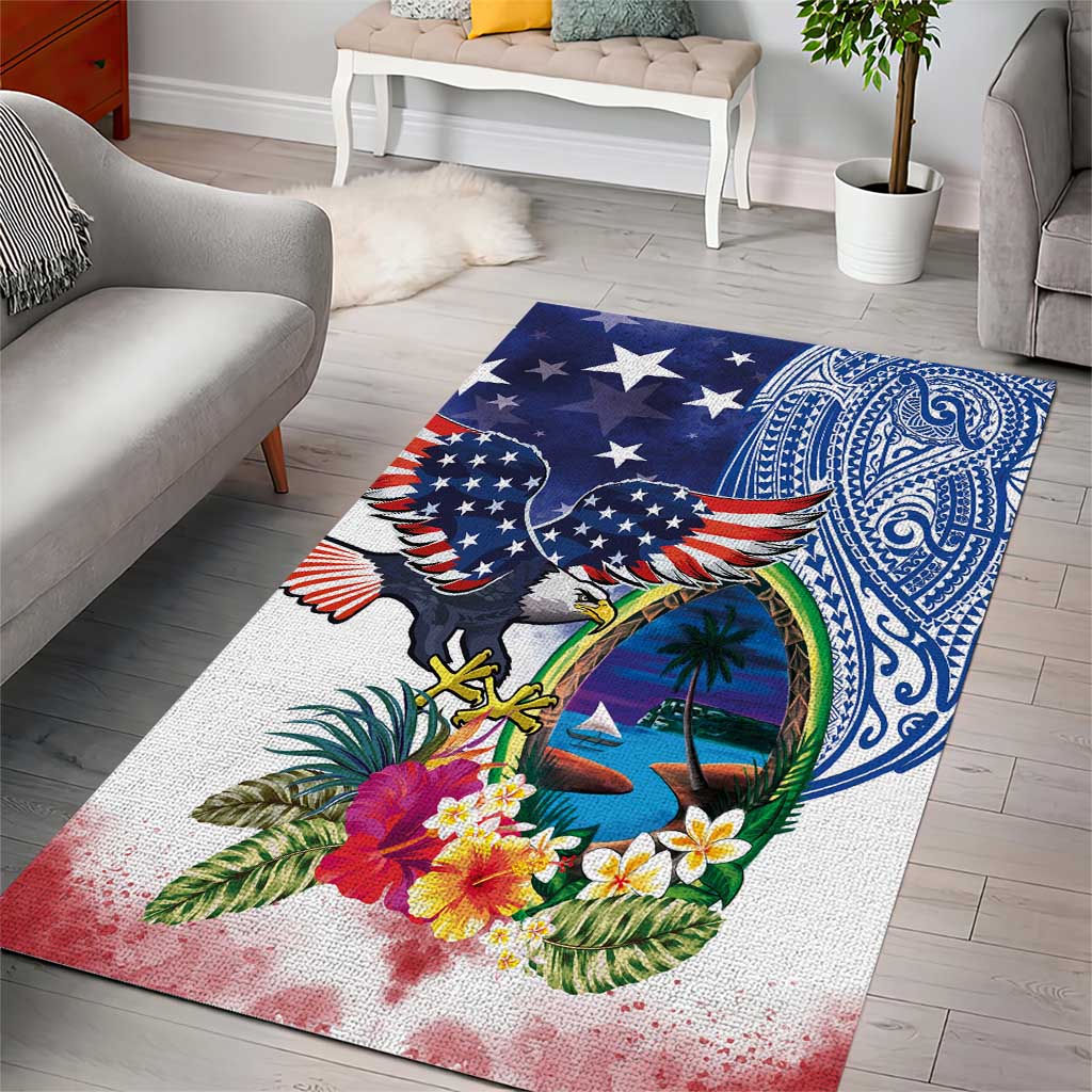 Guam and United States Together Area Rug Bald Eagle and Guam Seal with Flower and Tribal Tattoos - Wonder Print Shop