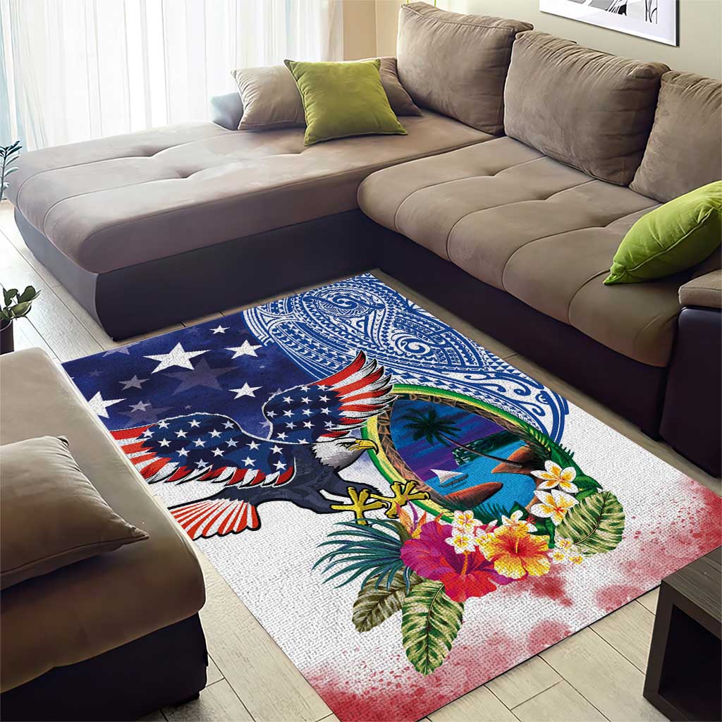 Guam and United States Together Area Rug Bald Eagle and Guam Seal with Flower and Tribal Tattoos - Wonder Print Shop
