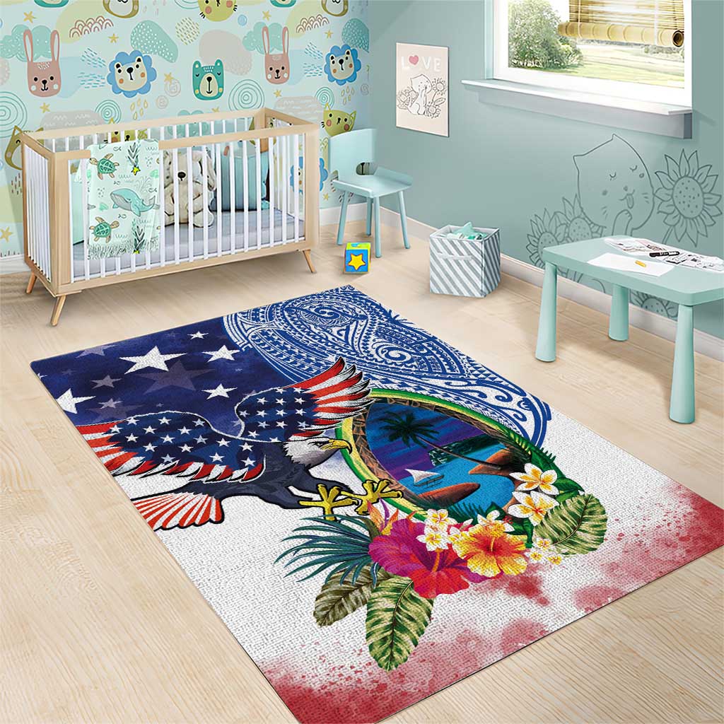 Guam and United States Together Area Rug Bald Eagle and Guam Seal with Flower and Tribal Tattoos - Wonder Print Shop