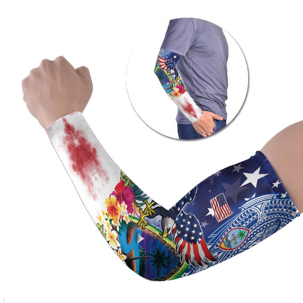 Guam and United States Together Arm Sleeves Bald Eagle and Guam Seal with Flower and Tribal Tattoos - Wonder Print Shop