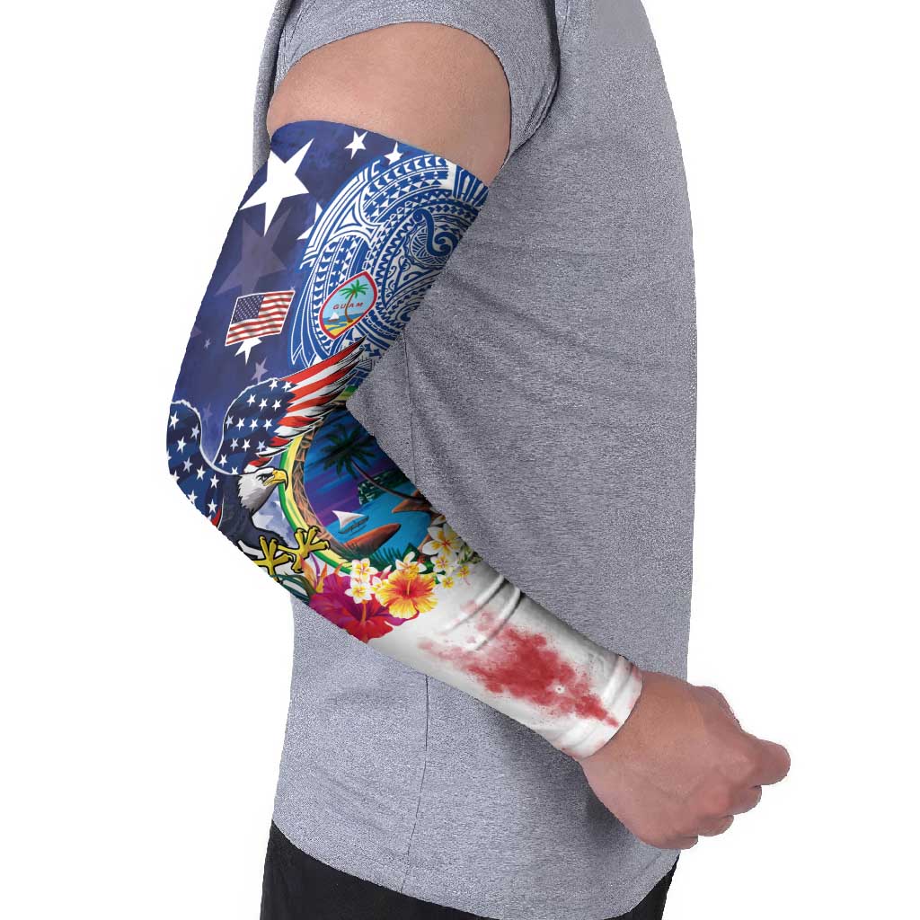 Guam and United States Together Arm Sleeves Bald Eagle and Guam Seal with Flower and Tribal Tattoos - Wonder Print Shop