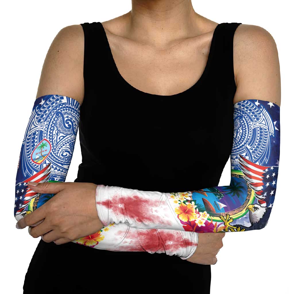 Guam and United States Together Arm Sleeves Bald Eagle and Guam Seal with Flower and Tribal Tattoos - Wonder Print Shop