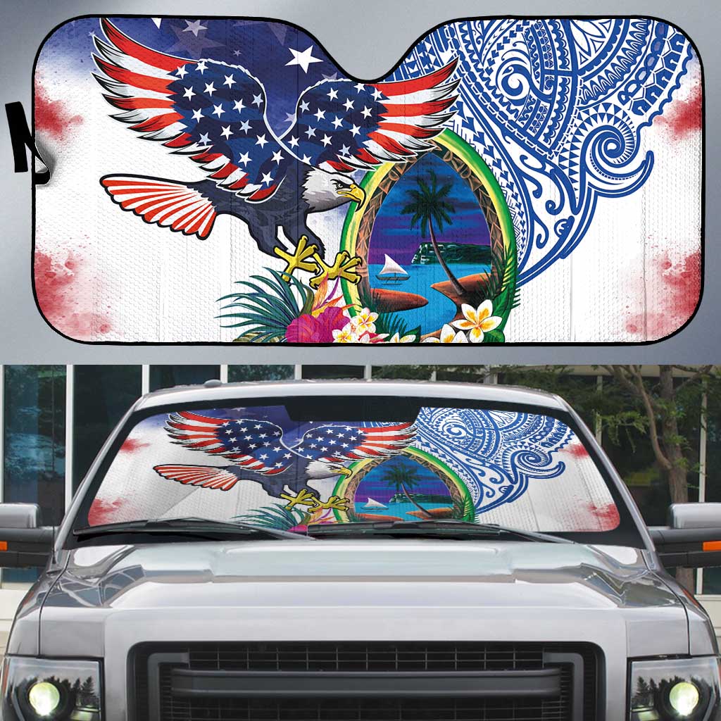 Guam and United States Together Auto Sun Shade Bald Eagle and Guam Seal with Flower and Tribal Tattoos - Wonder Print Shop