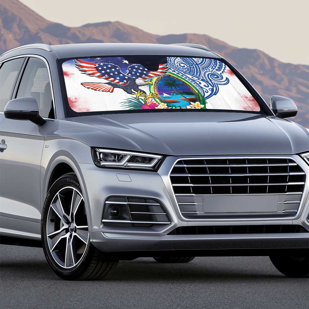 Guam and United States Together Auto Sun Shade Bald Eagle and Guam Seal with Flower and Tribal Tattoos - Wonder Print Shop