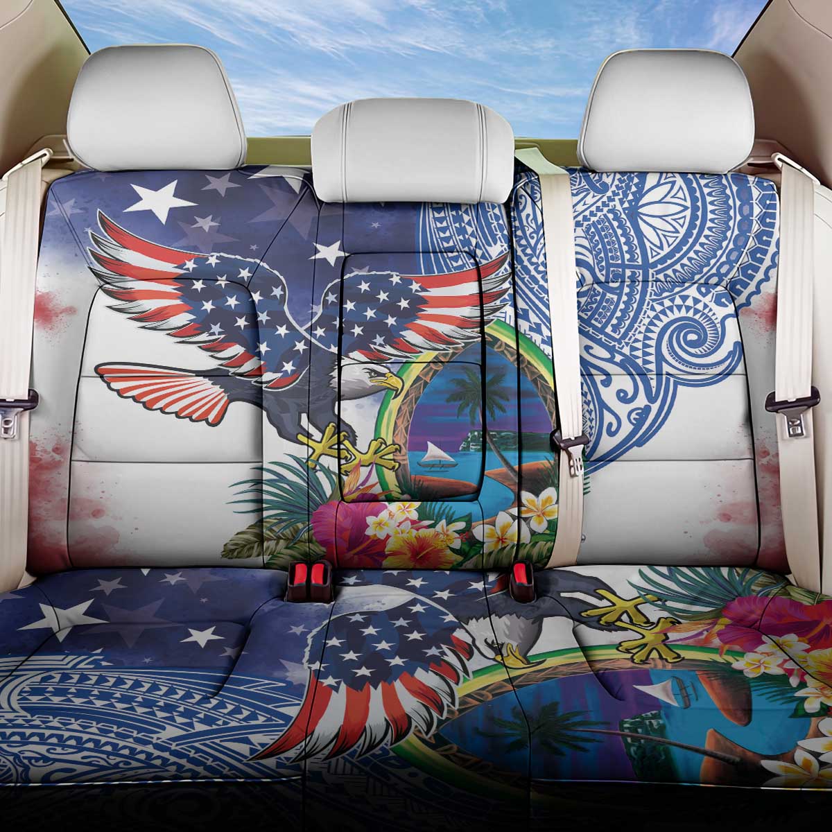 Guam and United States Together Back Car Seat Cover Bald Eagle and Guam Seal with Flower and Tribal Tattoos - Wonder Print Shop