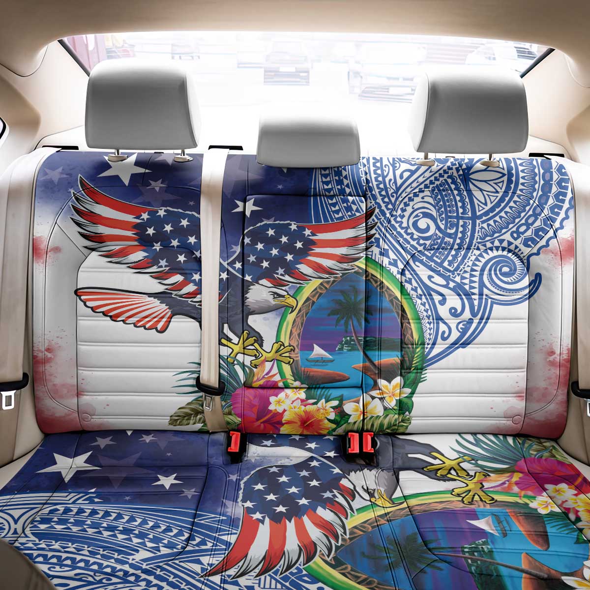 Guam and United States Together Back Car Seat Cover Bald Eagle and Guam Seal with Flower and Tribal Tattoos - Wonder Print Shop