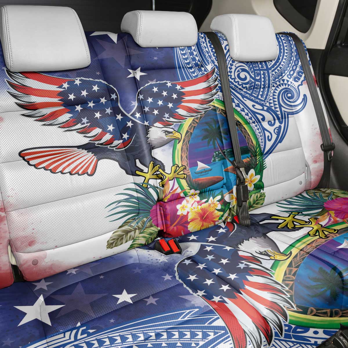 Guam and United States Together Back Car Seat Cover Bald Eagle and Guam Seal with Flower and Tribal Tattoos - Wonder Print Shop