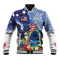 Guam and United States Together Baseball Jacket Bald Eagle and Guam Seal with Flower and Tribal Tattoos - Wonder Print Shop