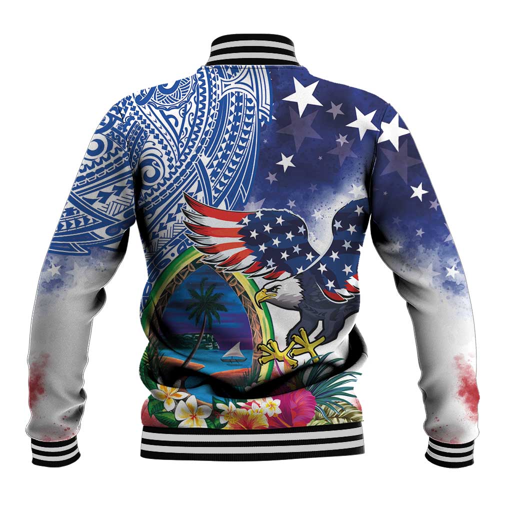 Guam and United States Together Baseball Jacket Bald Eagle and Guam Seal with Flower and Tribal Tattoos - Wonder Print Shop