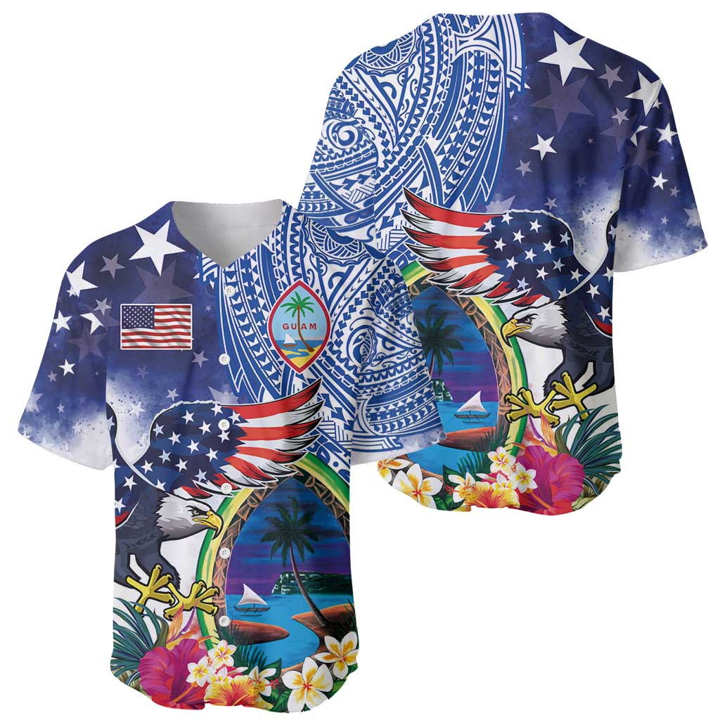 Guam and United States Together Baseball Jersey Bald Eagle and Guam Seal with Flower and Tribal Tattoos - Wonder Print Shop