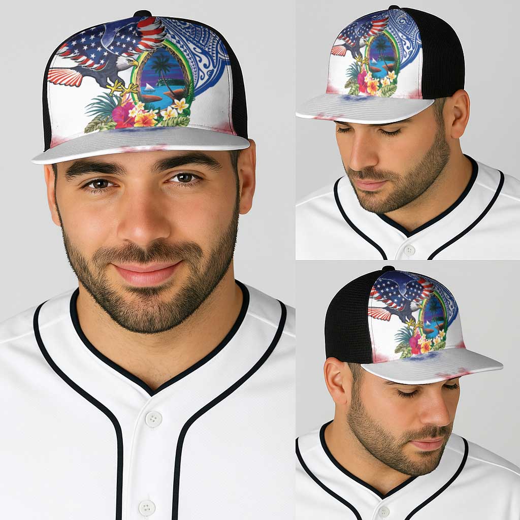 Guam and United States Together Baseball Net Cap Bald Eagle and Guam Seal with Flower and Tribal Tattoos - Wonder Print Shop