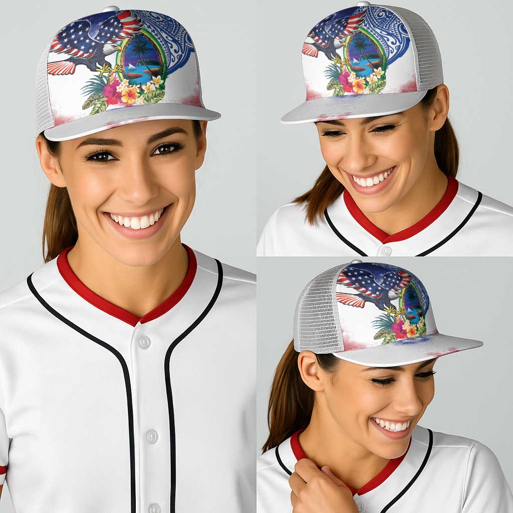 Guam and United States Together Baseball Net Cap Bald Eagle and Guam Seal with Flower and Tribal Tattoos - Wonder Print Shop