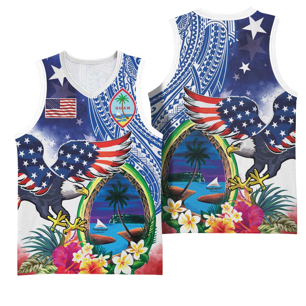 Guam and United States Together Basketball Jersey Bald Eagle and Guam Seal with Flower and Tribal Tattoos - Wonder Print Shop