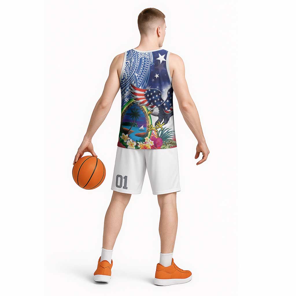 Guam and United States Together Basketball Jersey Bald Eagle and Guam Seal with Flower and Tribal Tattoos - Wonder Print Shop