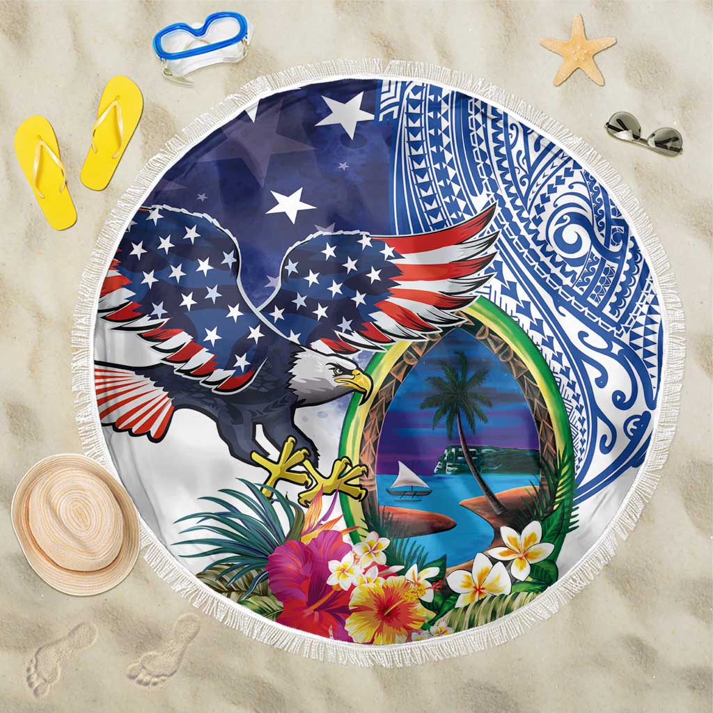 Guam and United States Together Beach Blanket Bald Eagle and Guam Seal with Flower and Tribal Tattoos - Wonder Print Shop