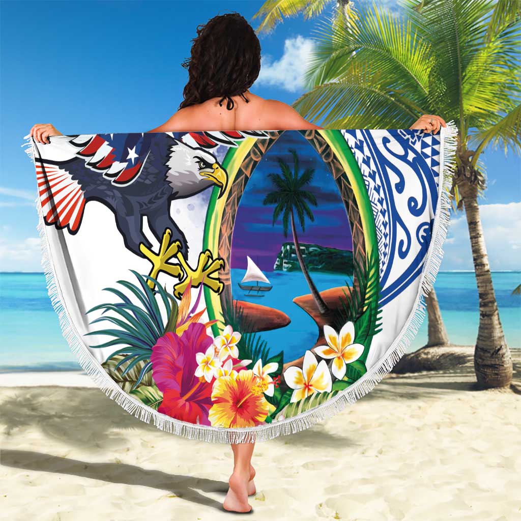 Guam and United States Together Beach Blanket Bald Eagle and Guam Seal with Flower and Tribal Tattoos - Wonder Print Shop