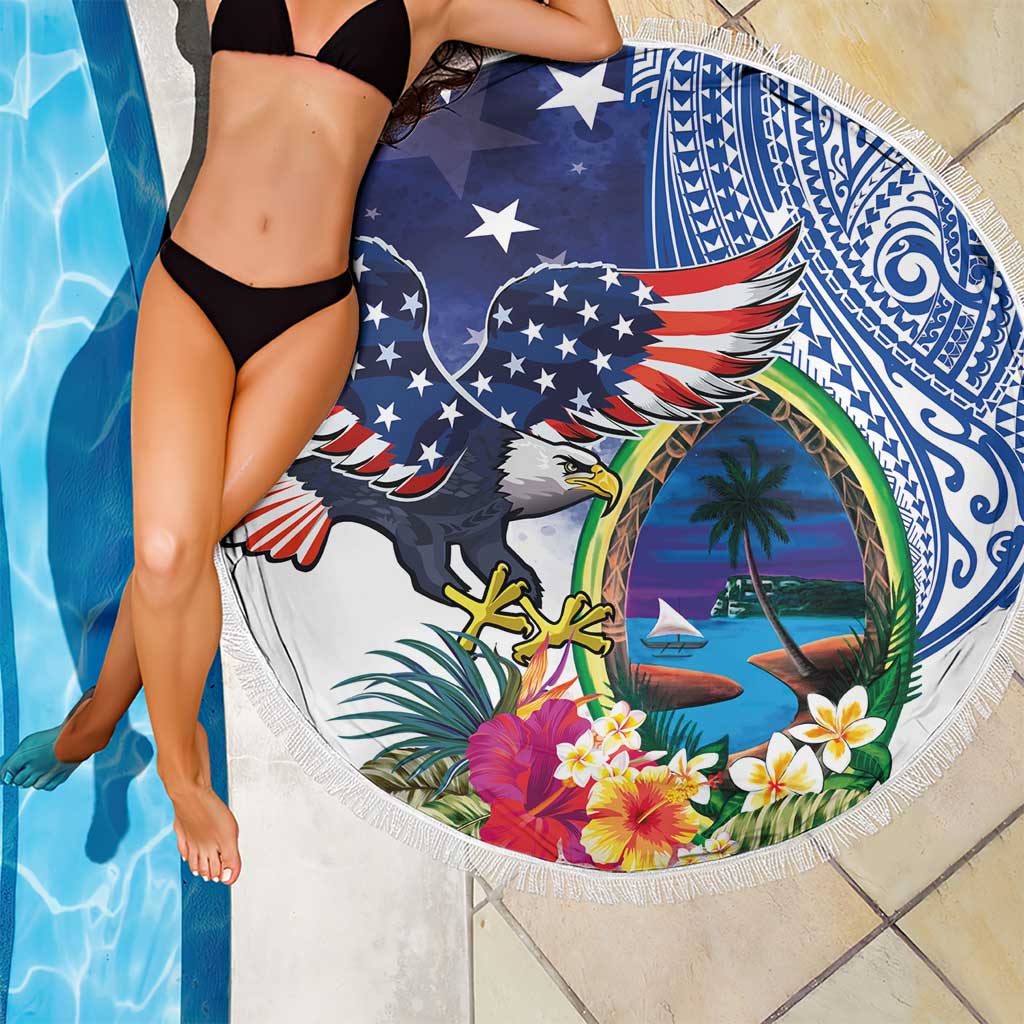 Guam and United States Together Beach Blanket Bald Eagle and Guam Seal with Flower and Tribal Tattoos - Wonder Print Shop