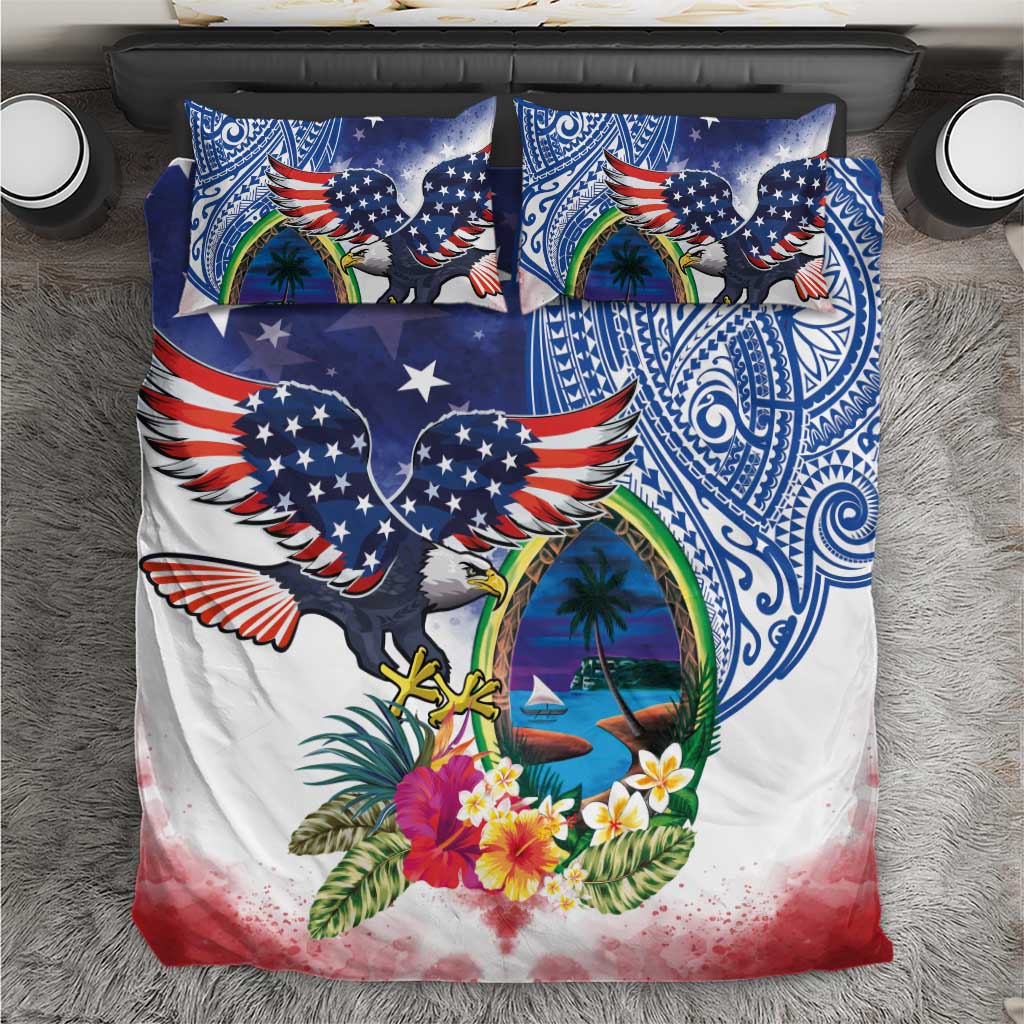 Guam and United States Together Bedding Set Bald Eagle and Guam Seal with Flower and Tribal Tattoos - Wonder Print Shop