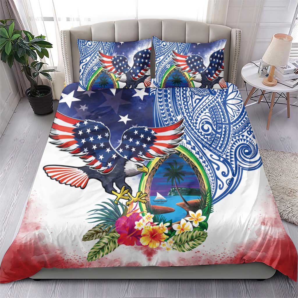 Guam and United States Together Bedding Set Bald Eagle and Guam Seal with Flower and Tribal Tattoos - Wonder Print Shop