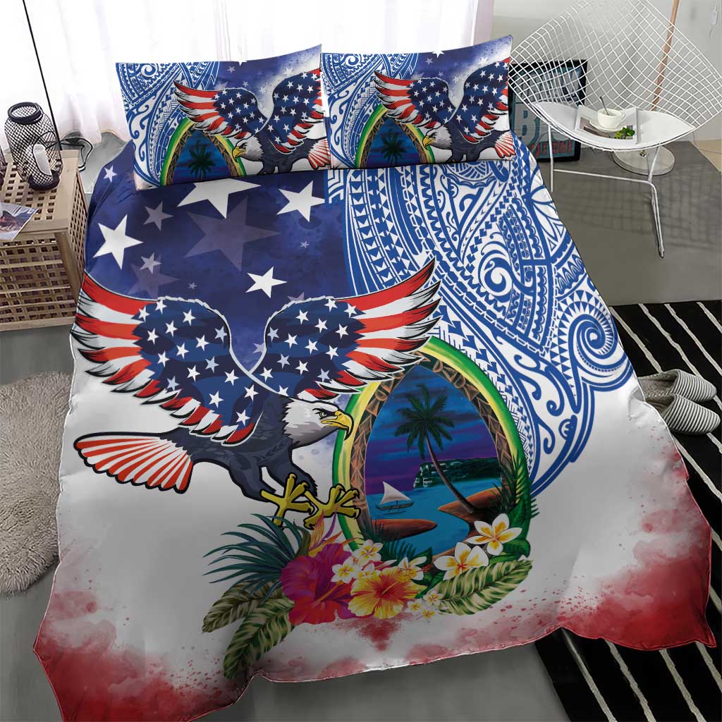 Guam and United States Together Bedding Set Bald Eagle and Guam Seal with Flower and Tribal Tattoos - Wonder Print Shop