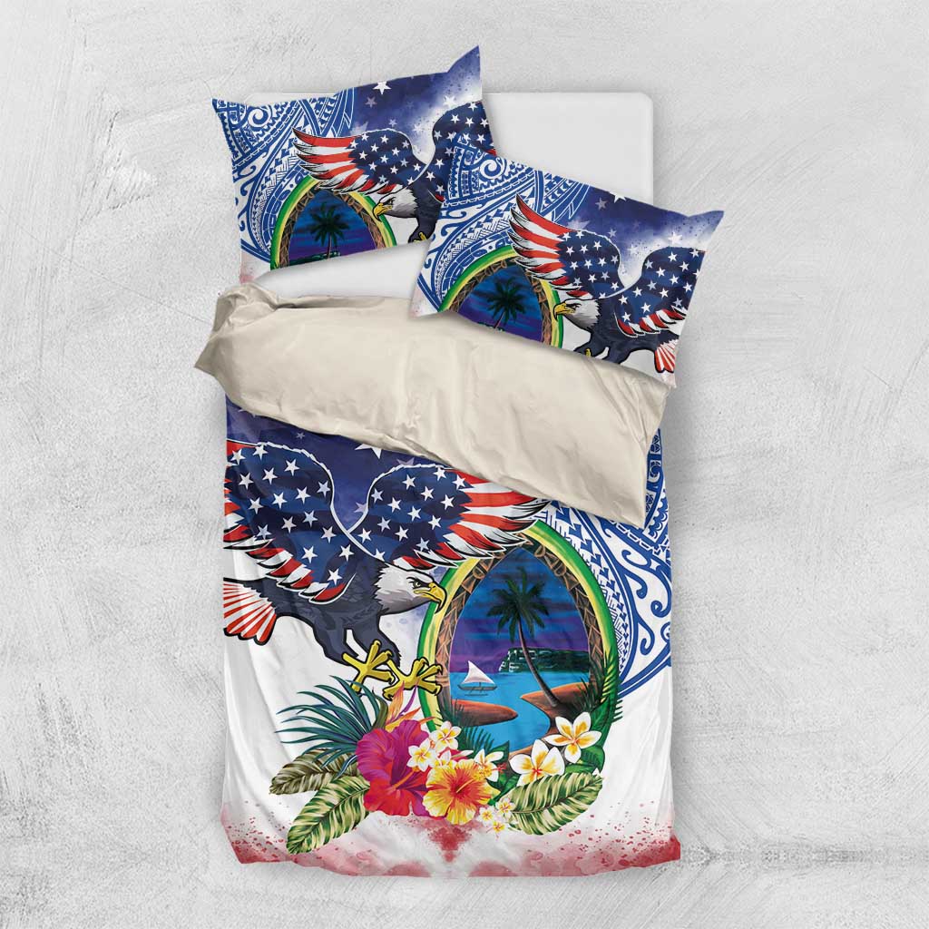 Guam and United States Together Bedding Set Bald Eagle and Guam Seal with Flower and Tribal Tattoos - Wonder Print Shop
