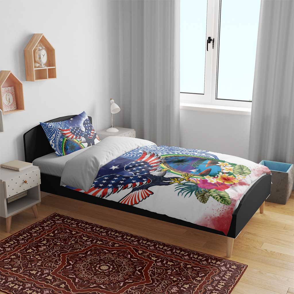 Guam and United States Together Bedding Set Bald Eagle and Guam Seal with Flower and Tribal Tattoos - Wonder Print Shop