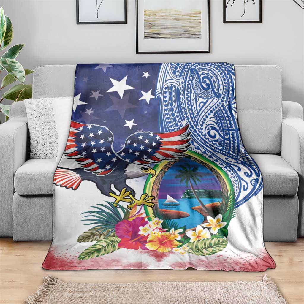 Guam and United States Together Blanket Bald Eagle and Guam Seal with Flower and Tribal Tattoos - Wonder Print Shop