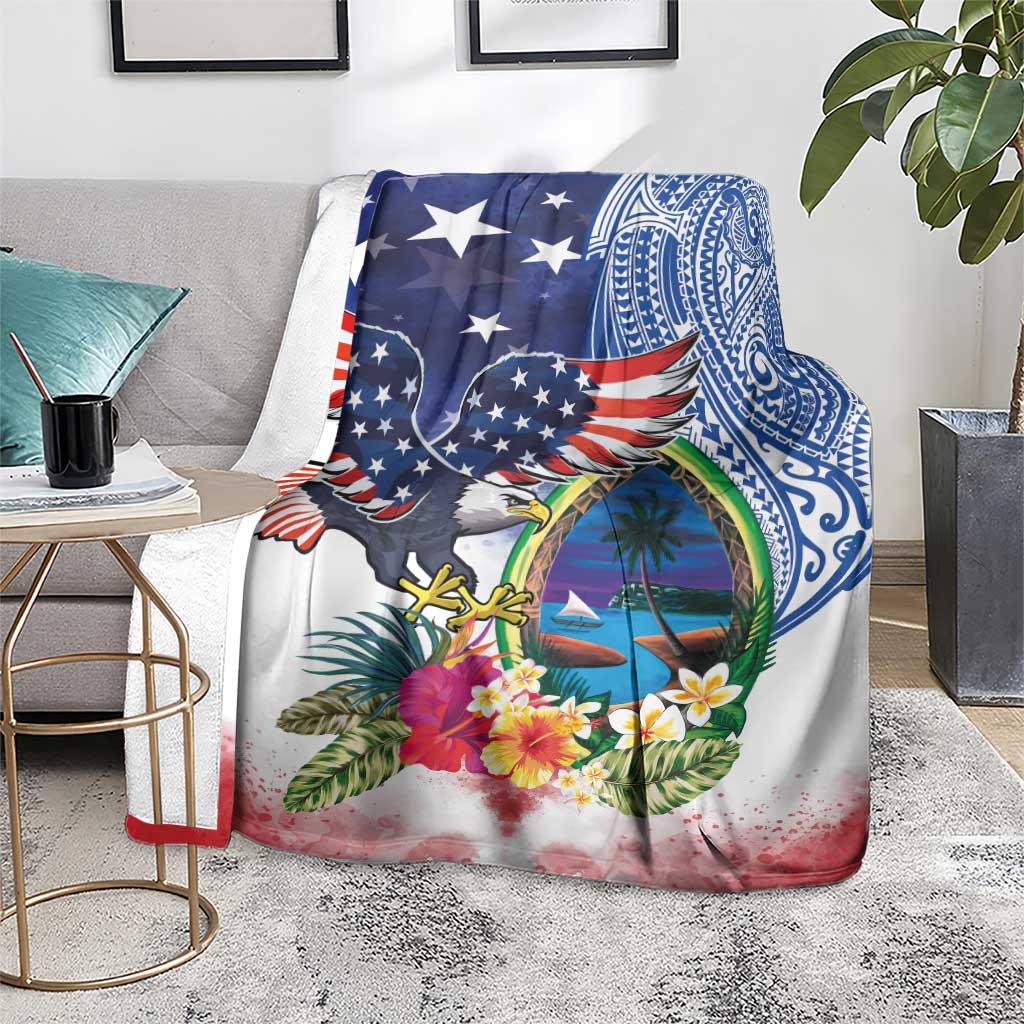 Guam and United States Together Blanket Bald Eagle and Guam Seal with Flower and Tribal Tattoos - Wonder Print Shop