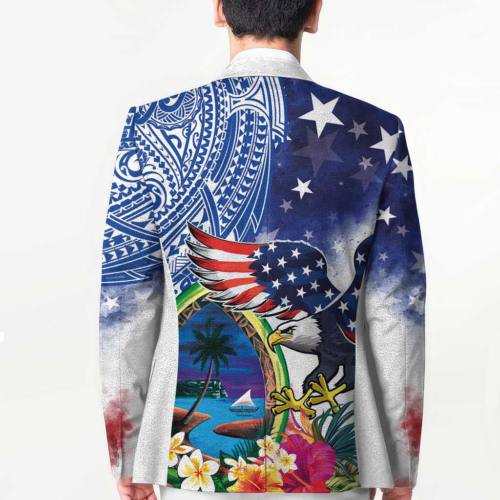 Guam and United States Together Blazer Bald Eagle and Guam Seal with Flower and Tribal Tattoos - Wonder Print Shop
