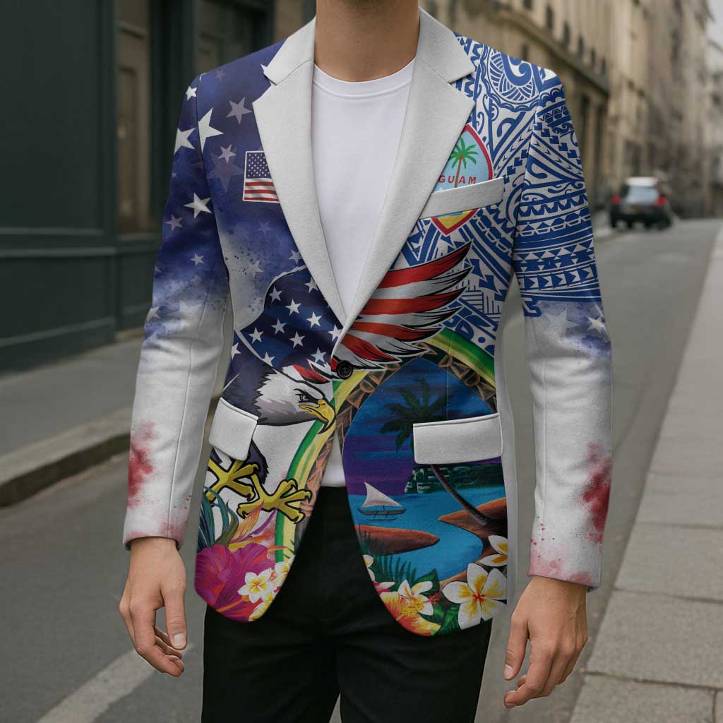 Guam and United States Together Blazer Bald Eagle and Guam Seal with Flower and Tribal Tattoos - Wonder Print Shop