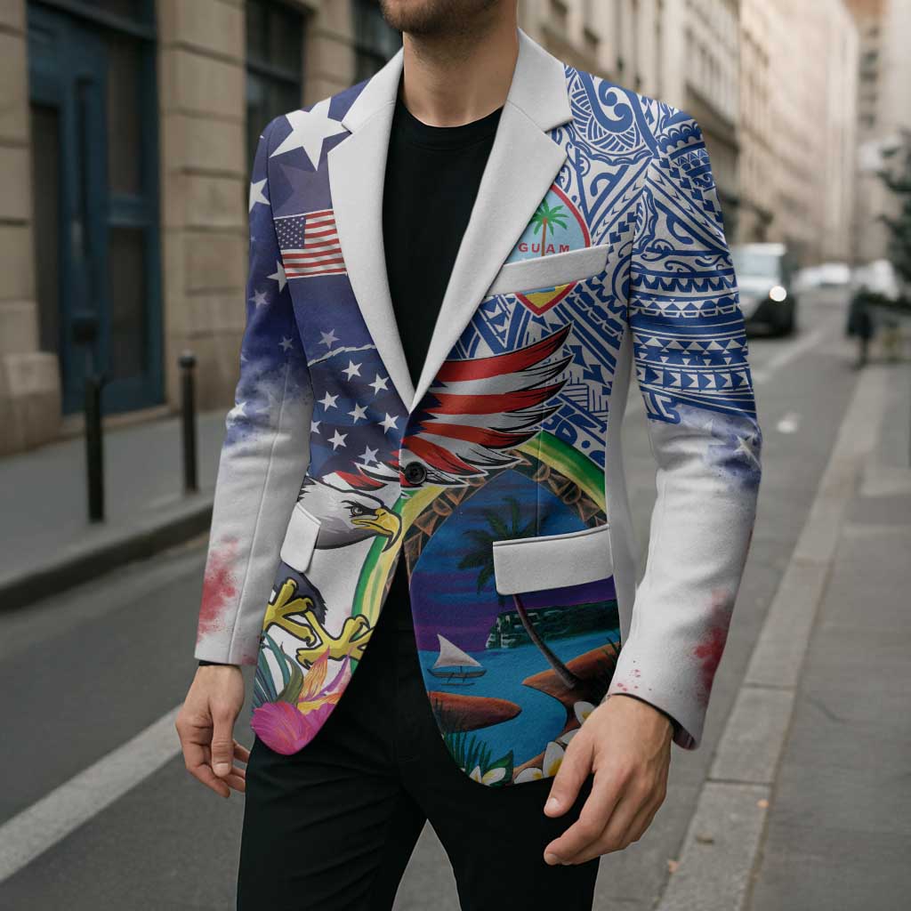 Guam and United States Together Blazer Bald Eagle and Guam Seal with Flower and Tribal Tattoos - Wonder Print Shop