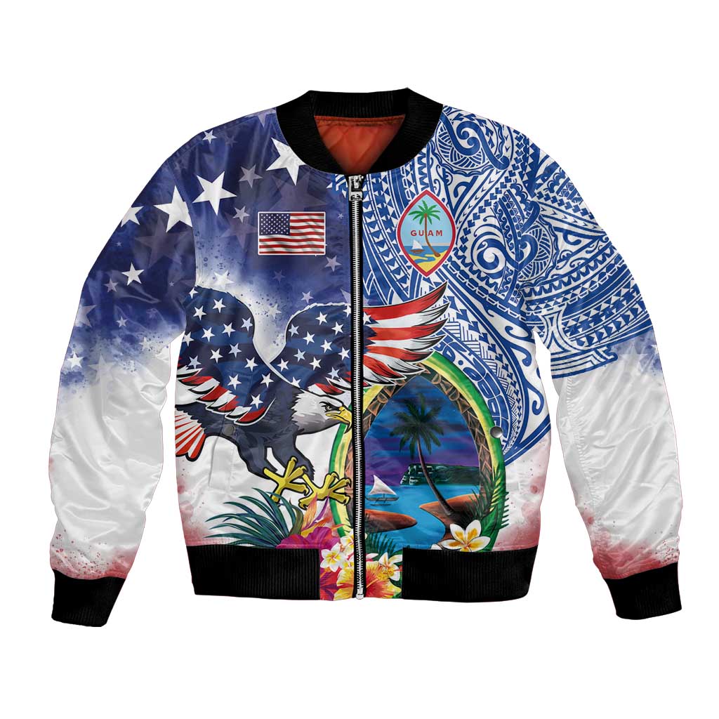 Guam and United States Together Bomber Jacket Bald Eagle and Guam Seal with Flower and Tribal Tattoos - Wonder Print Shop