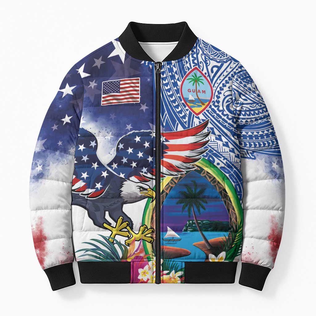 Guam and United States Together Bomber Puffer Jacket Bald Eagle and Guam Seal with Flower and Tribal Tattoos - Wonder Print Shop