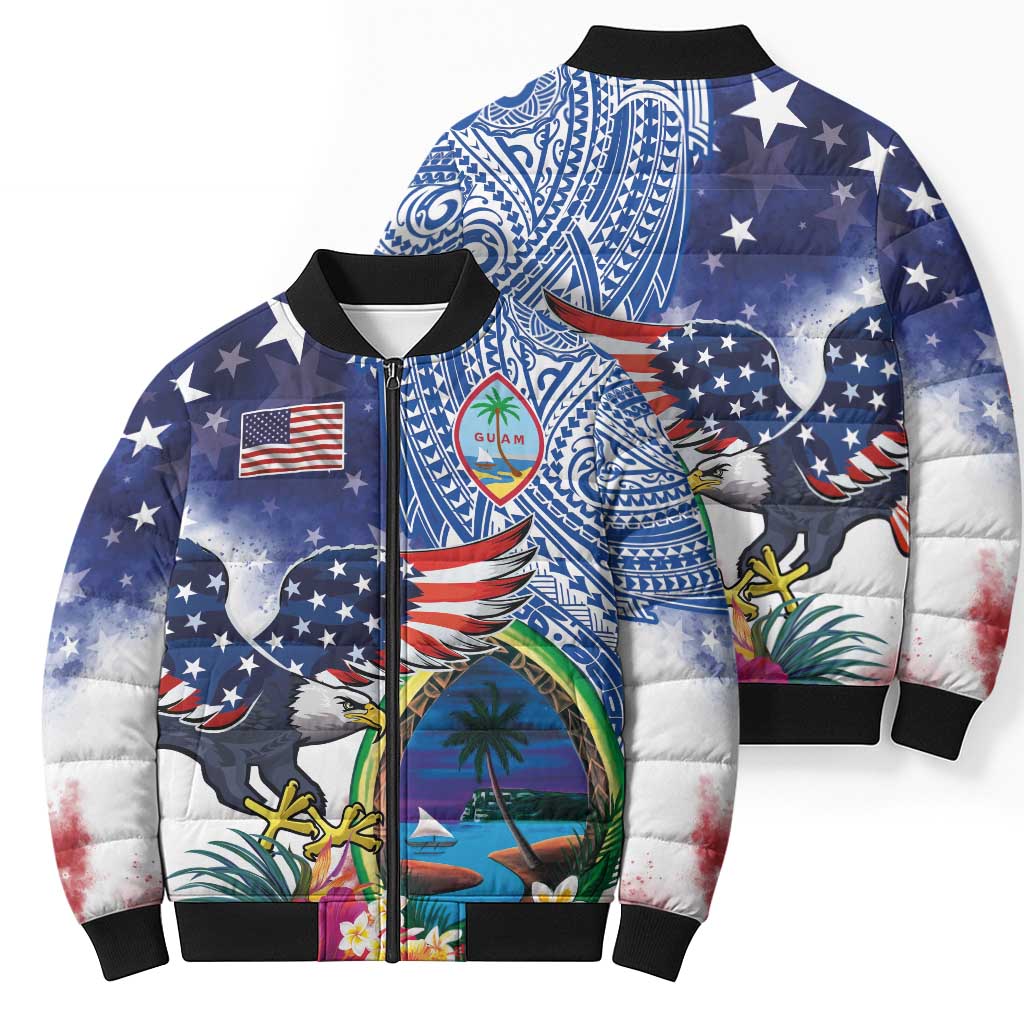 Guam and United States Together Bomber Puffer Jacket Bald Eagle and Guam Seal with Flower and Tribal Tattoos - Wonder Print Shop