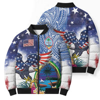 Guam and United States Together Bomber Puffer Jacket Bald Eagle and Guam Seal with Flower and Tribal Tattoos - Wonder Print Shop