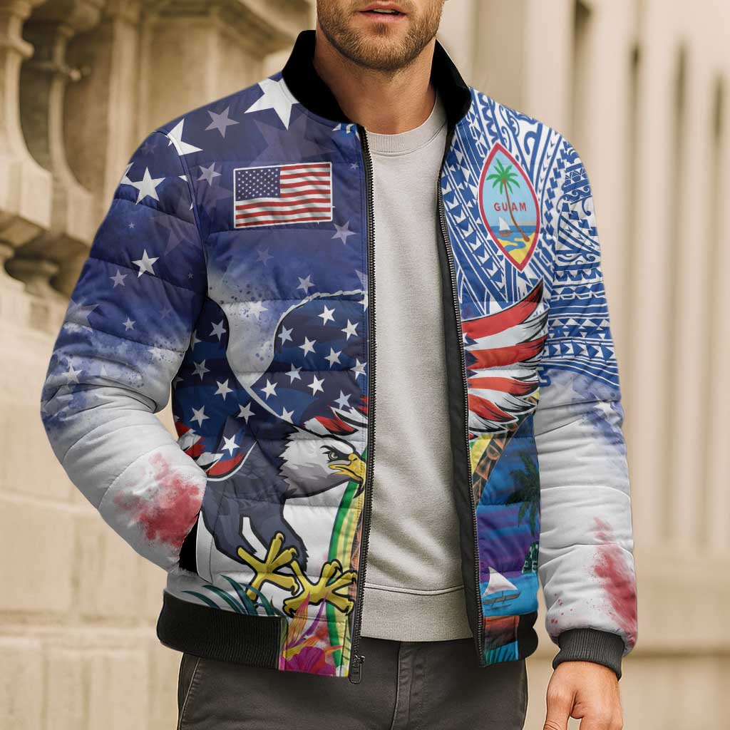 Guam and United States Together Bomber Puffer Jacket Bald Eagle and Guam Seal with Flower and Tribal Tattoos - Wonder Print Shop