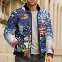 Guam and United States Together Bomber Puffer Jacket Bald Eagle and Guam Seal with Flower and Tribal Tattoos - Wonder Print Shop