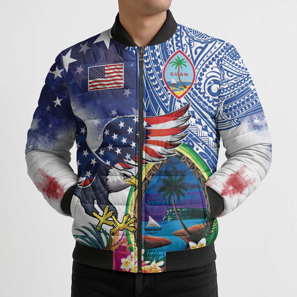 Guam and United States Together Bomber Puffer Jacket Bald Eagle and Guam Seal with Flower and Tribal Tattoos - Wonder Print Shop