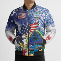 Guam and United States Together Bomber Puffer Jacket Bald Eagle and Guam Seal with Flower and Tribal Tattoos - Wonder Print Shop